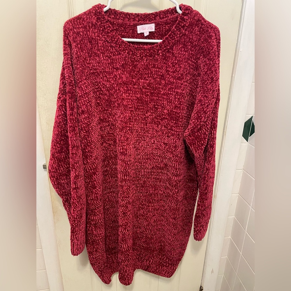 Pink Lily Red Crew Neck Sweater Plush Textured Winter Essential